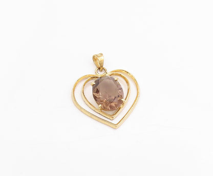 925 Sterling Silver Vintage Pendant Gold Plated Smoky Quartz Love Heart  PT24907