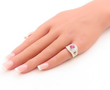925 Sterling Silver Vintage Ring Gold Plated Pink Gemstone & CZ  Sz 5  RG31457