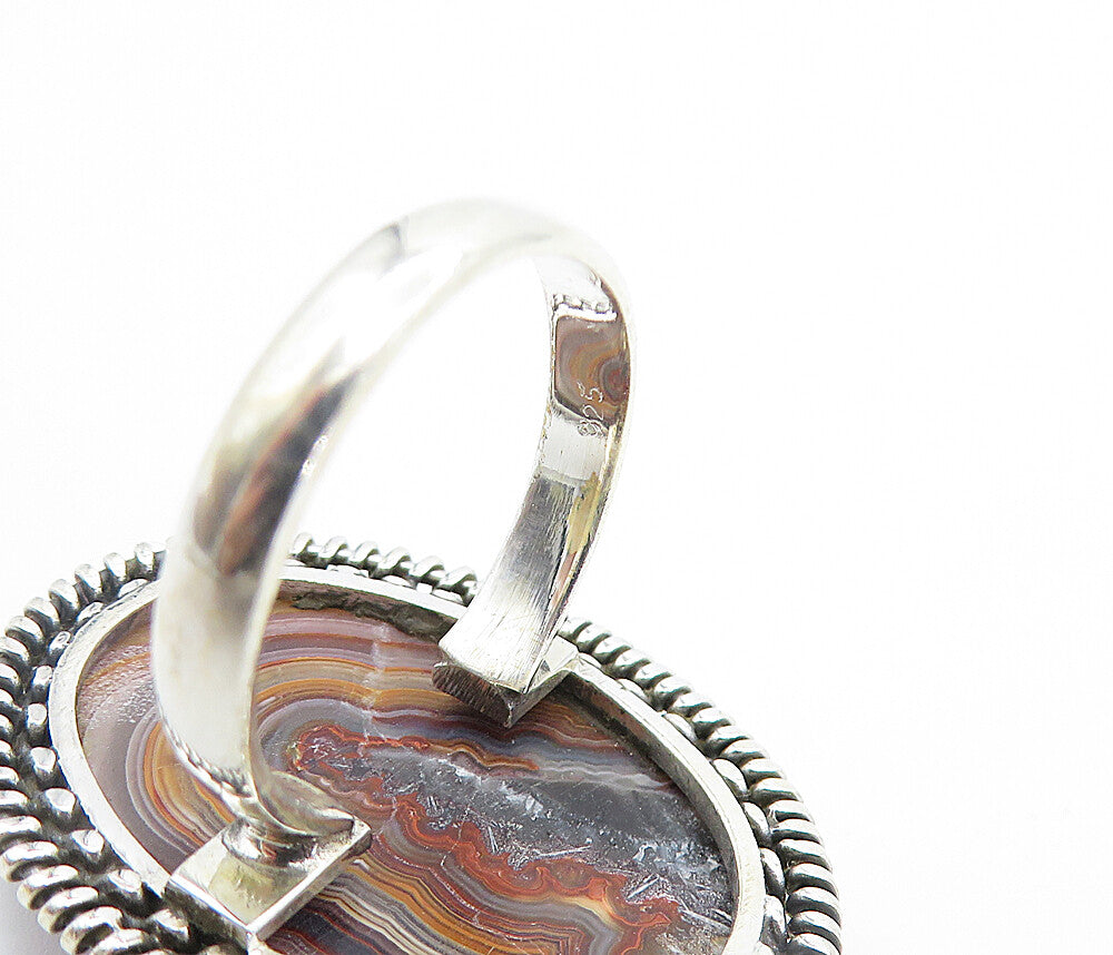 925 Sterling Silver Agate Shiny Twist Border Cocktail Ring Sz 8.5  RG8007
