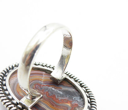 925 Sterling Silver Agate Shiny Twist Border Cocktail Ring Sz 8.5  RG8007