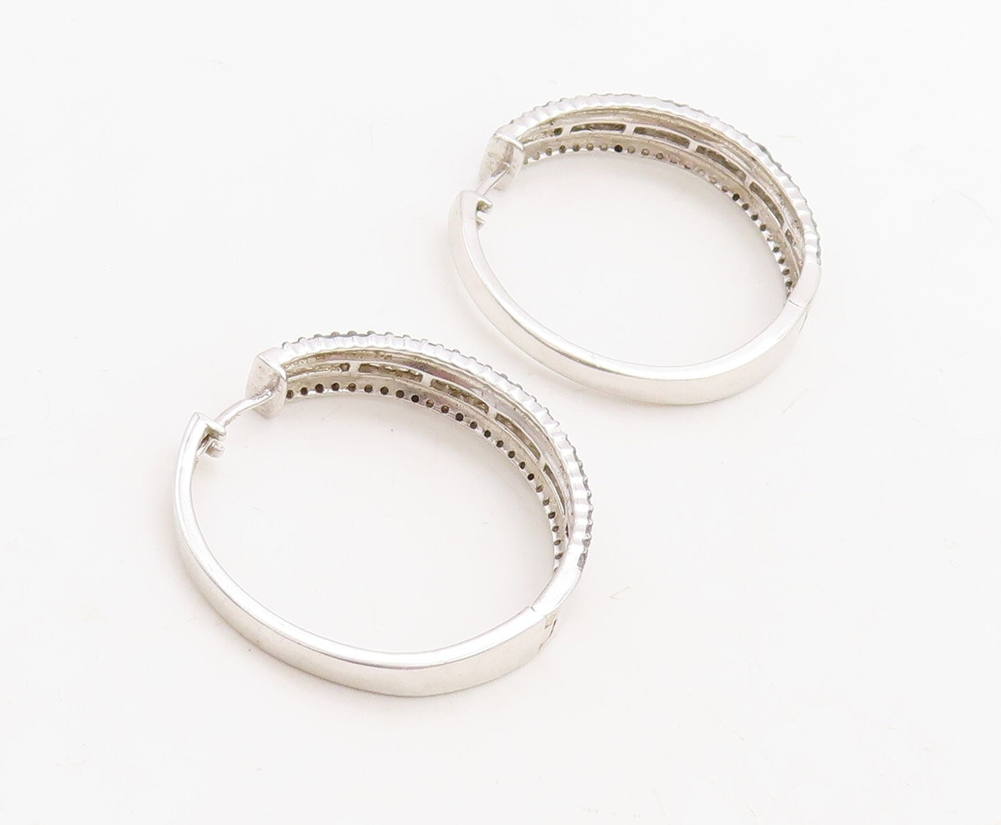 925 Sterling Silver Vintage Earrings Black & White Diamonds Hoops  EG13291