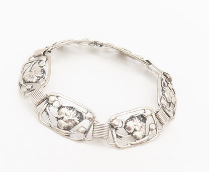 DANECRAFT 925 Silver  Vintage Swirly Carved Framed Leaf Link Bracelet  BT10149