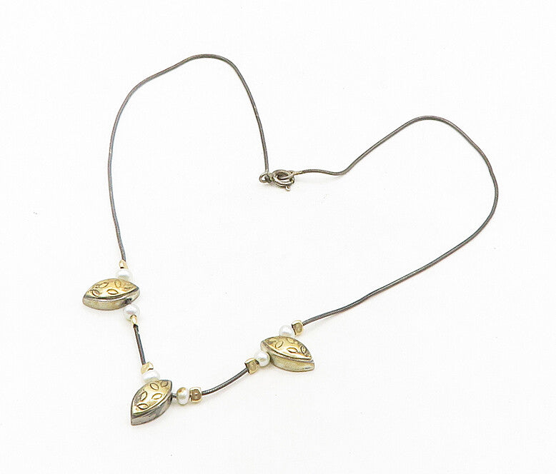 925 Sterling Silver & 14K GOLD Vintage Petite Pearls Two Tone Necklace  NE3219