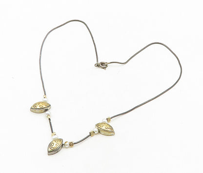 925 Sterling Silver & 14K GOLD Vintage Petite Pearls Two Tone Necklace  NE3219