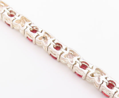 925 Sterling Silver  Vintage Prong Set Red Topaz Shiny Chain Bracelet  BT8316