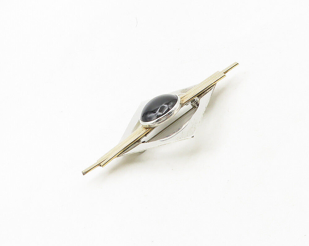 DESIGNER 925 Silver  Vintage Cabochon Cut Black Onyx 2 Tone Brooch Pin  BP7419