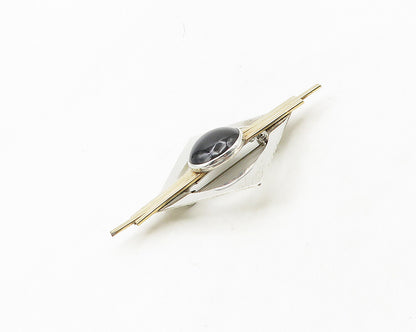 DESIGNER 925 Silver  Vintage Cabochon Cut Black Onyx 2 Tone Brooch Pin  BP7419