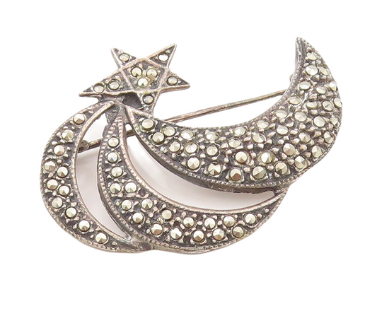 925 Sterling Silver Vintage Brooch Pin Marcasite Star & Moon Shadow  BP11152
