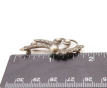 925 Sterling Silver Vintage Brooch Pin Dark Tone Peridot Floral Cutout  BP11318