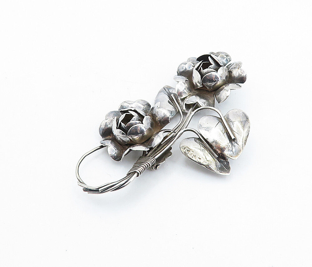 925 Sterling Silver  Vintage Sculpted Wire Wrapped Flowers Brooch Pin  BP2065