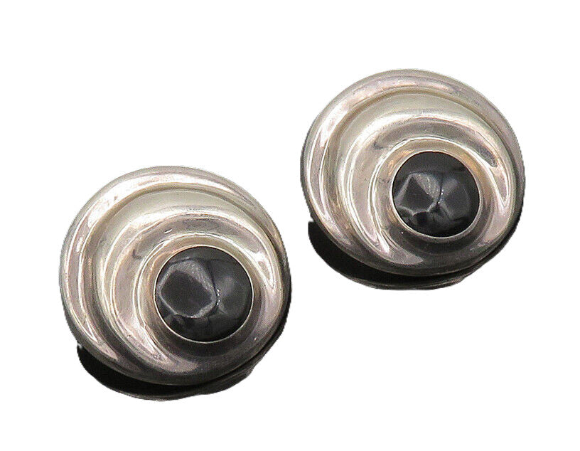 MEXICO 925 Silver  Vintage Black Onyx Shiny Non Pierce Earrings  EG10169