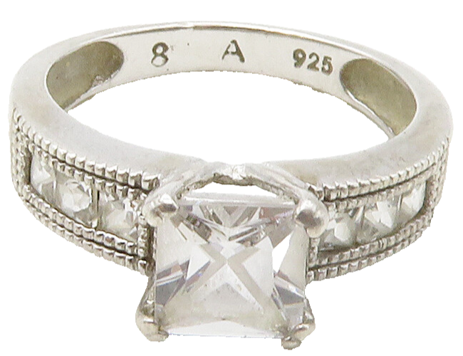 925 Sterling Silver  Cubic Zirconia Solitaire With Accents Ring Sz 8  RG16786