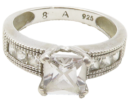 925 Sterling Silver  Cubic Zirconia Solitaire With Accents Ring Sz 8  RG16786