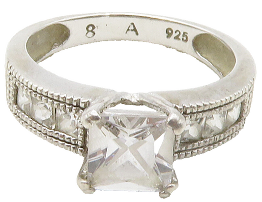 925 Sterling Silver  Cubic Zirconia Solitaire With Accents Ring Sz 8  RG16786