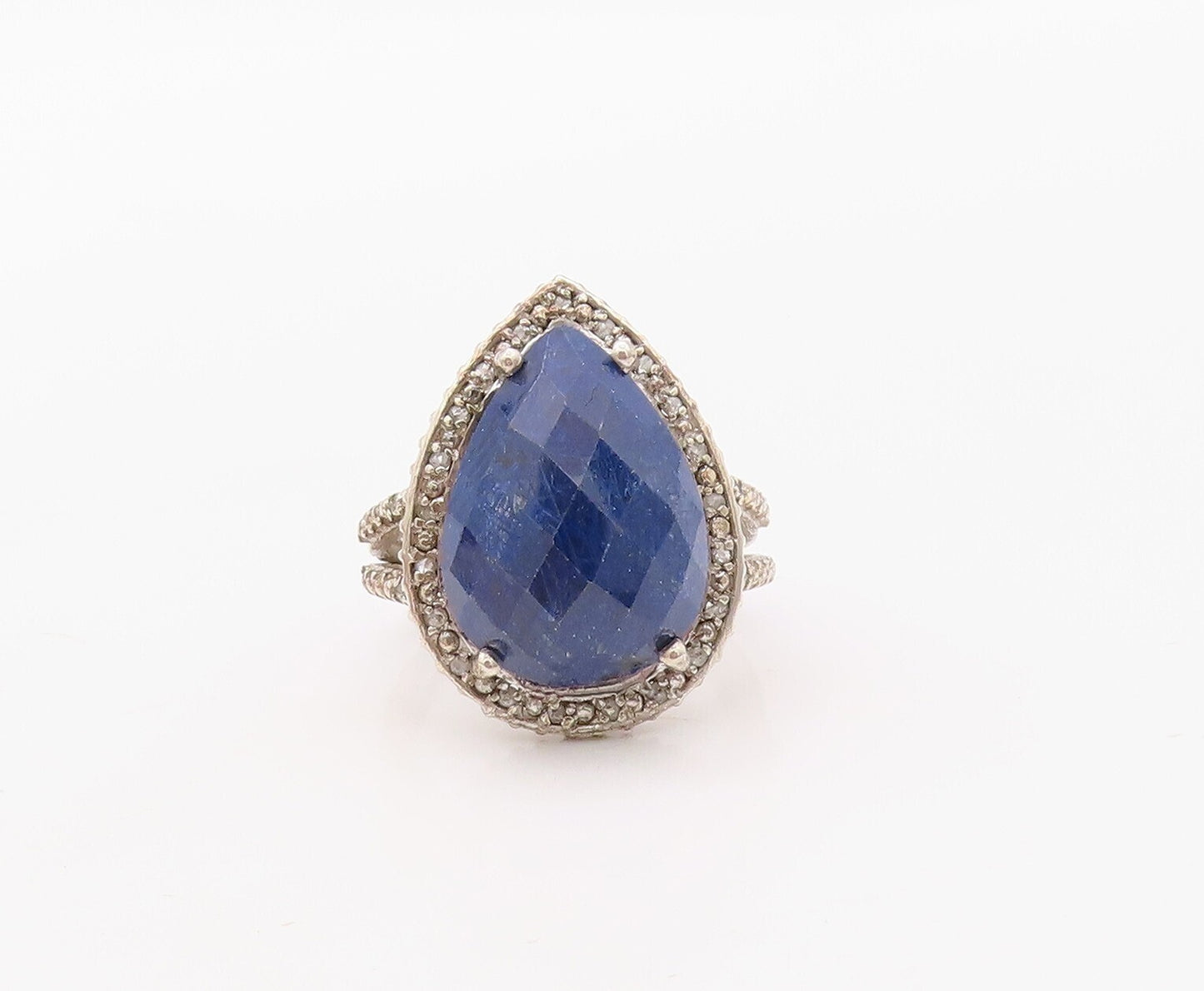 925 Sterling Silver Vintage Ring Diamonds & Drop Cut Sapphire  Sz 7  RG30610