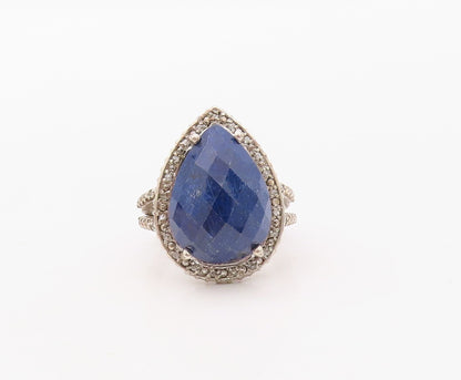 925 Sterling Silver Vintage Ring Diamonds & Drop Cut Sapphire  Sz 7  RG30610