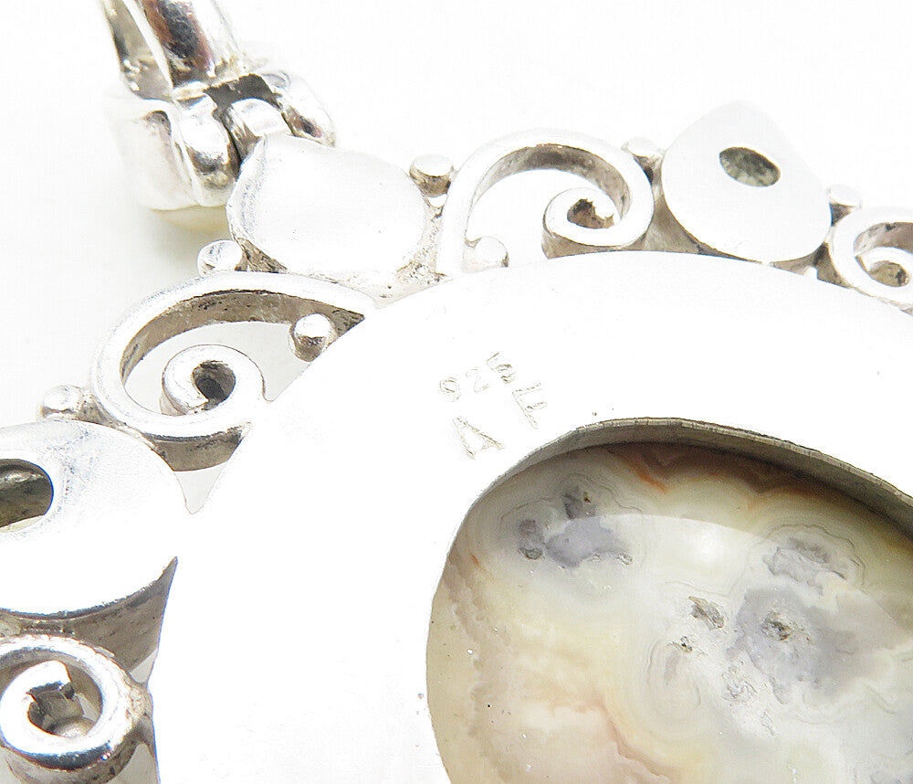 925 Sterling Silver  Vintage Agate Moonstone & Pearls Floral Pendant  PT6457