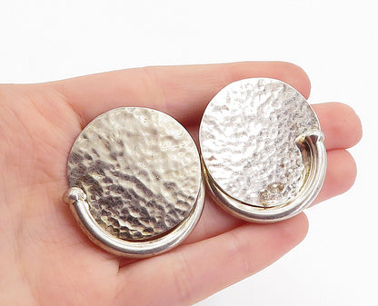 MEXICO 925 Sterling Silver Vintage Modernist Hammered Non Pierce Earrings EG2875