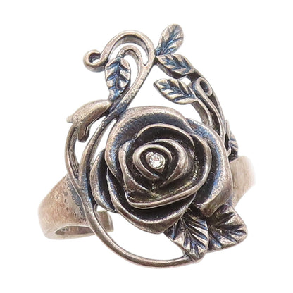 925 Sterling Silver Vintage Ring CZ Carved Floral Rose Blossom  Sz 11  RG34145