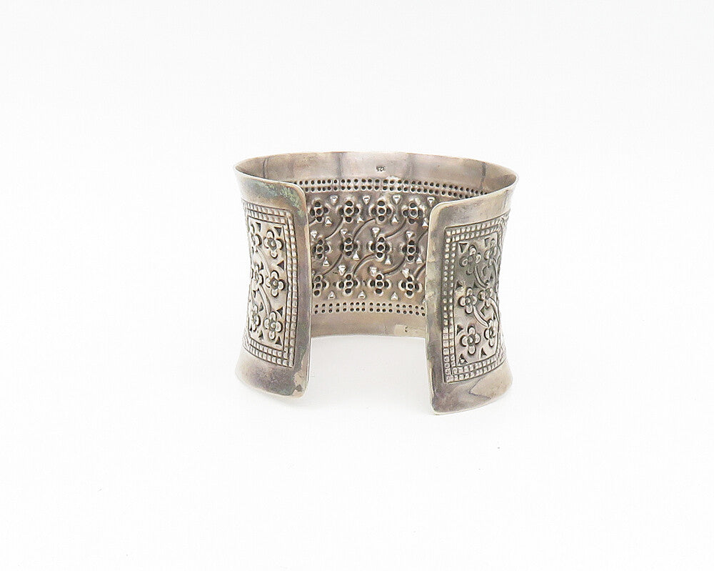 925 Sterling Silver  Vintage Flower Patterned Dark Tone Cuff Bracelet  BT7318