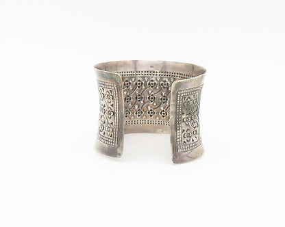 925 Sterling Silver  Vintage Flower Patterned Dark Tone Cuff Bracelet  BT7318