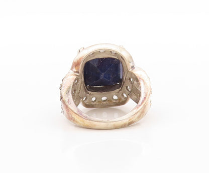 925 Sterling Silver Vintage Ring Square Cut Sapphire & Topaz Inlay Sz 5  RG30671