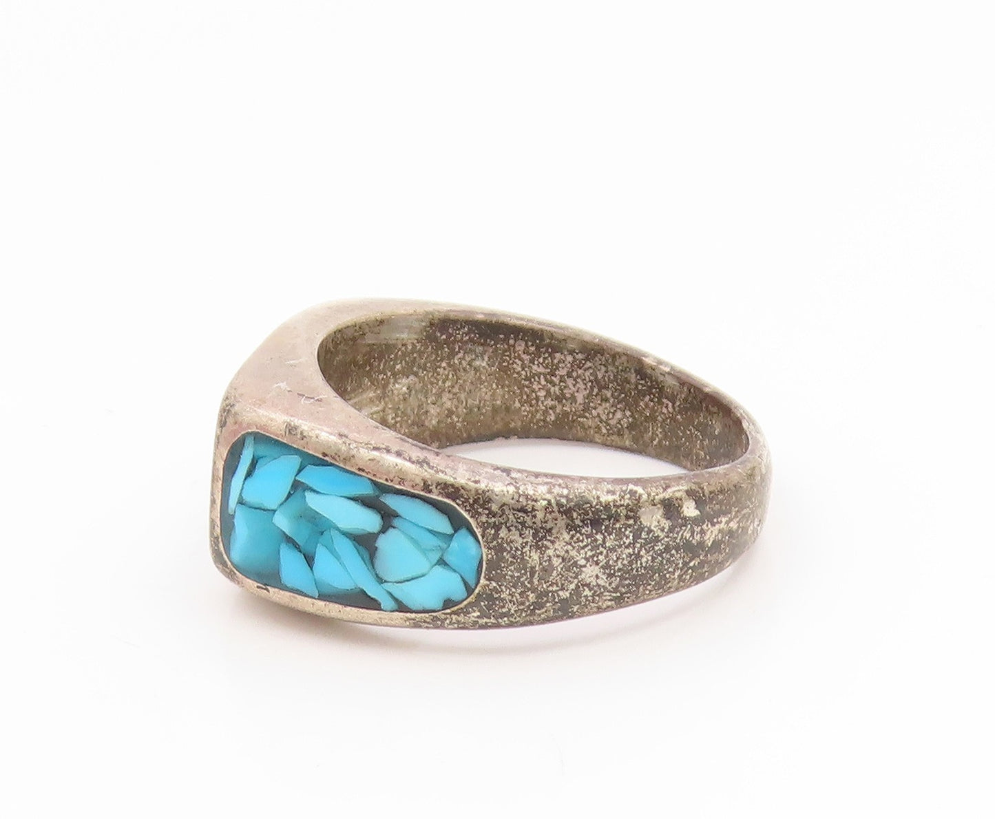 925 Sterling Silver Vintage Ring Crushed Turquoise Inlay Band  Sz 6  RG35176