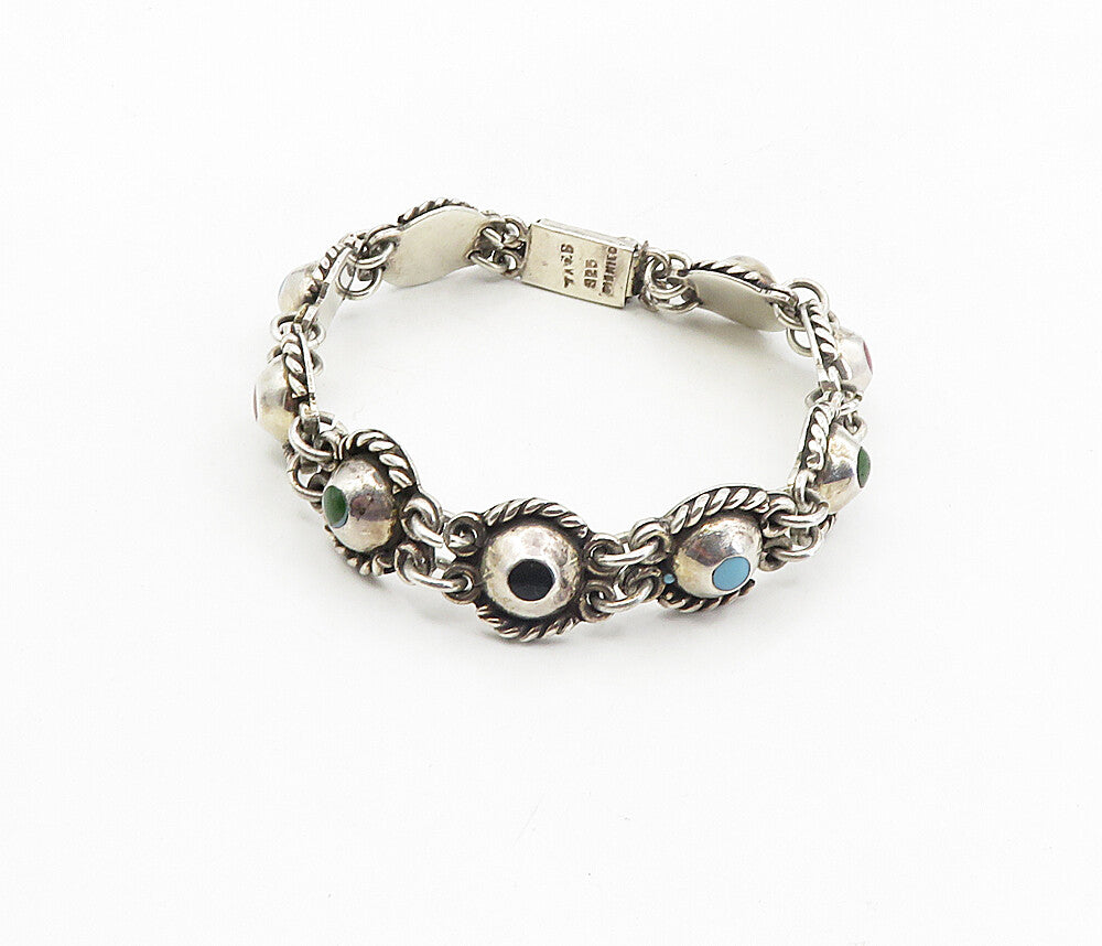 MEXICO 925 Silver  Vintage Turquoise Onyx & Jasper Chain Bracelet  BT3954