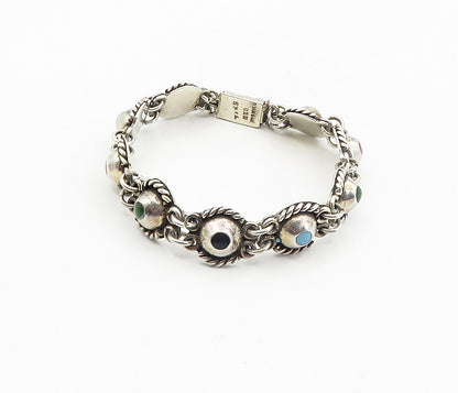 MEXICO 925 Silver  Vintage Turquoise Onyx & Jasper Chain Bracelet  BT3954
