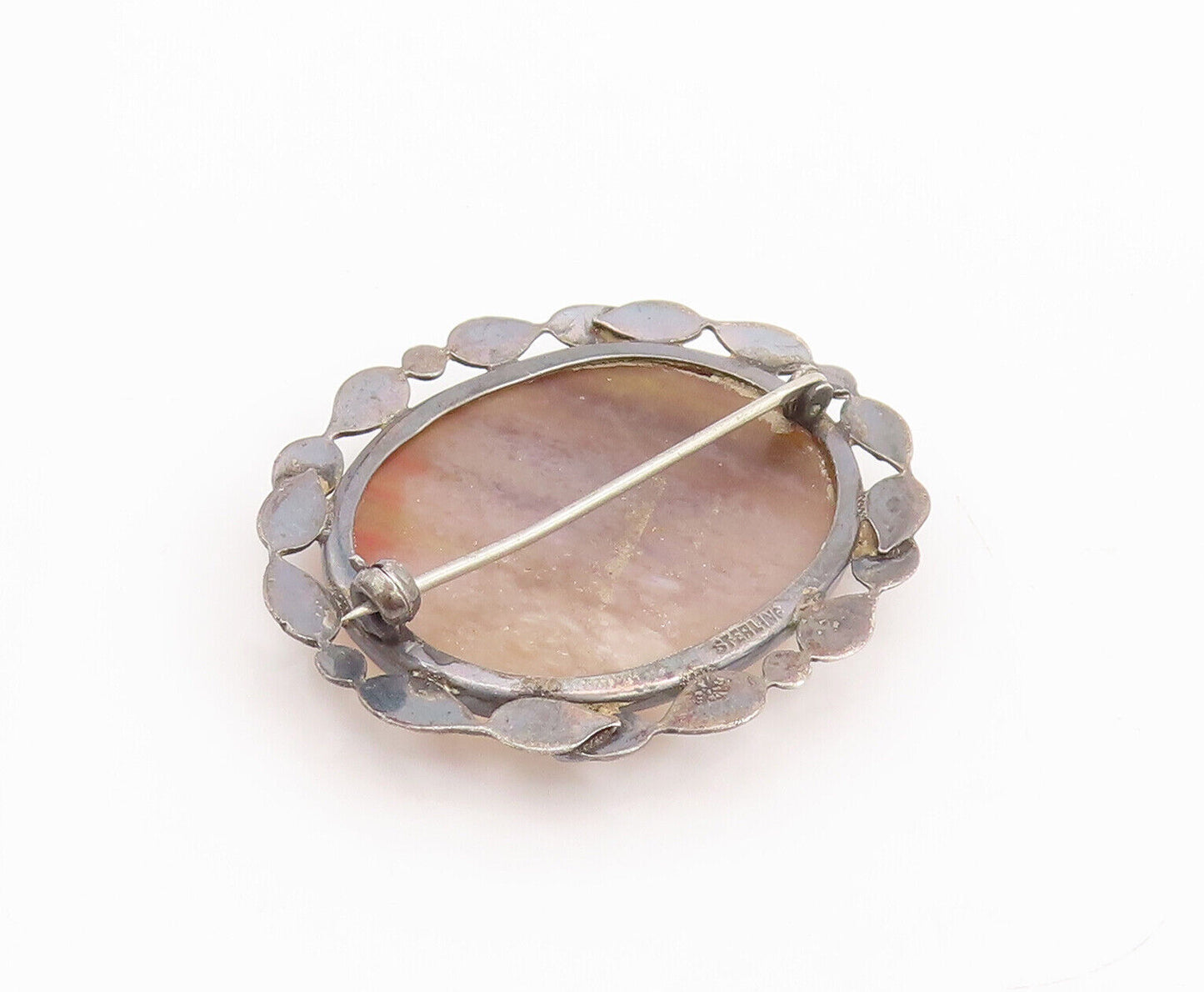 925 Sterling Silver Vintage Brooch Pin Gemstone Halo Carved Leaf Frame  BP10867