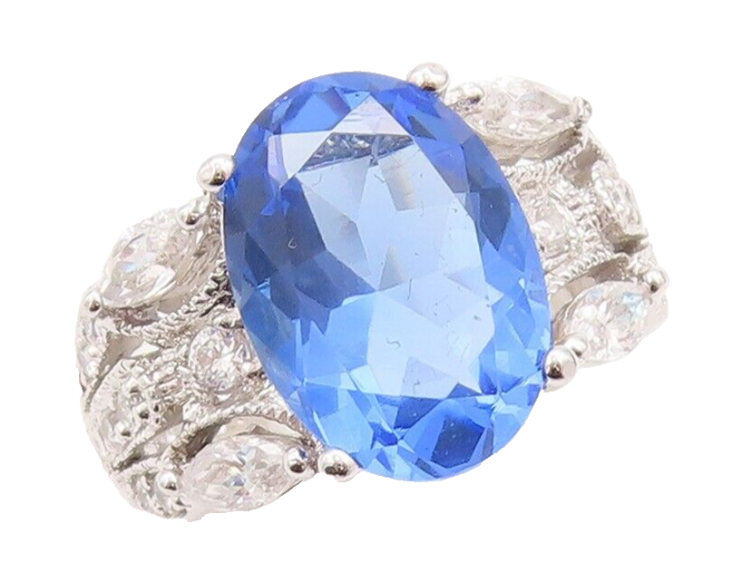 925 Sterling Silver Vintage Ring Designer Cutout Blue & White CZ  Sz 7  RG29596