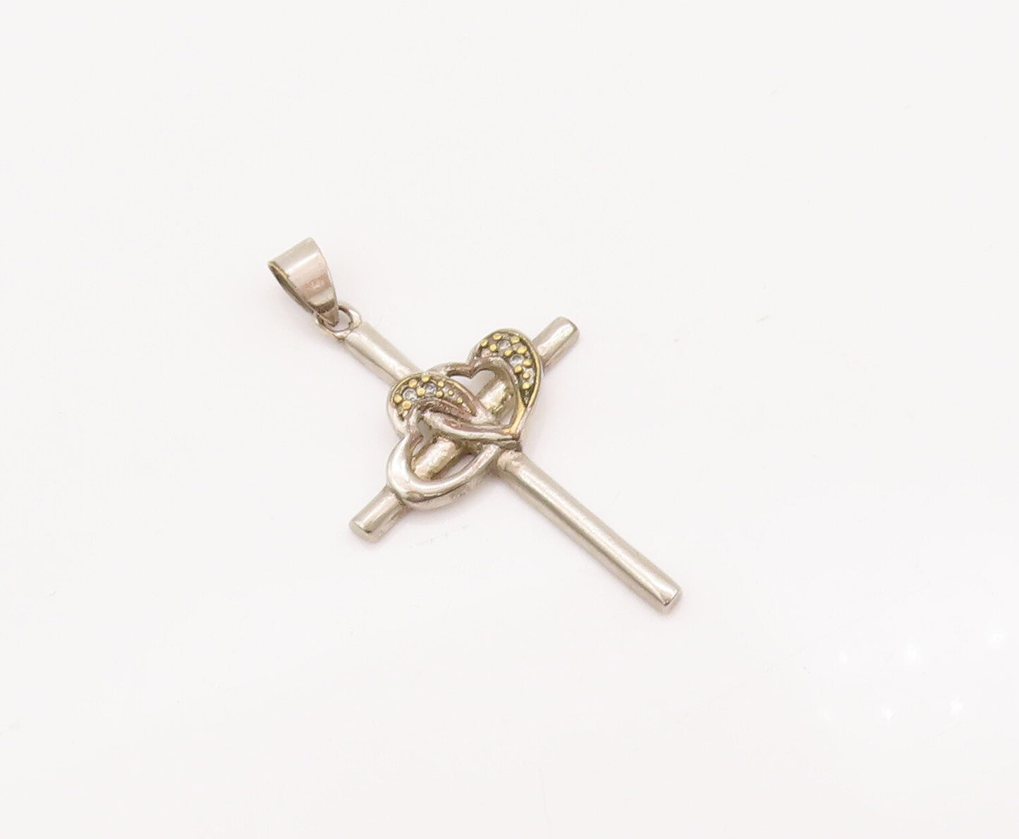 925 Sterling Silver Vintage Pendant Interlocked Carved Topaz Heart Cross PT22989