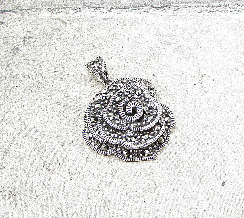 925 Sterling Silver  Marcasite Wild Spring Flower Drop Pendant  PT1379