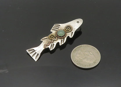 DESIGNER 925 Silver  Vintage Cabochon Jade Two Tone Fish Brooch Pin  BP8020
