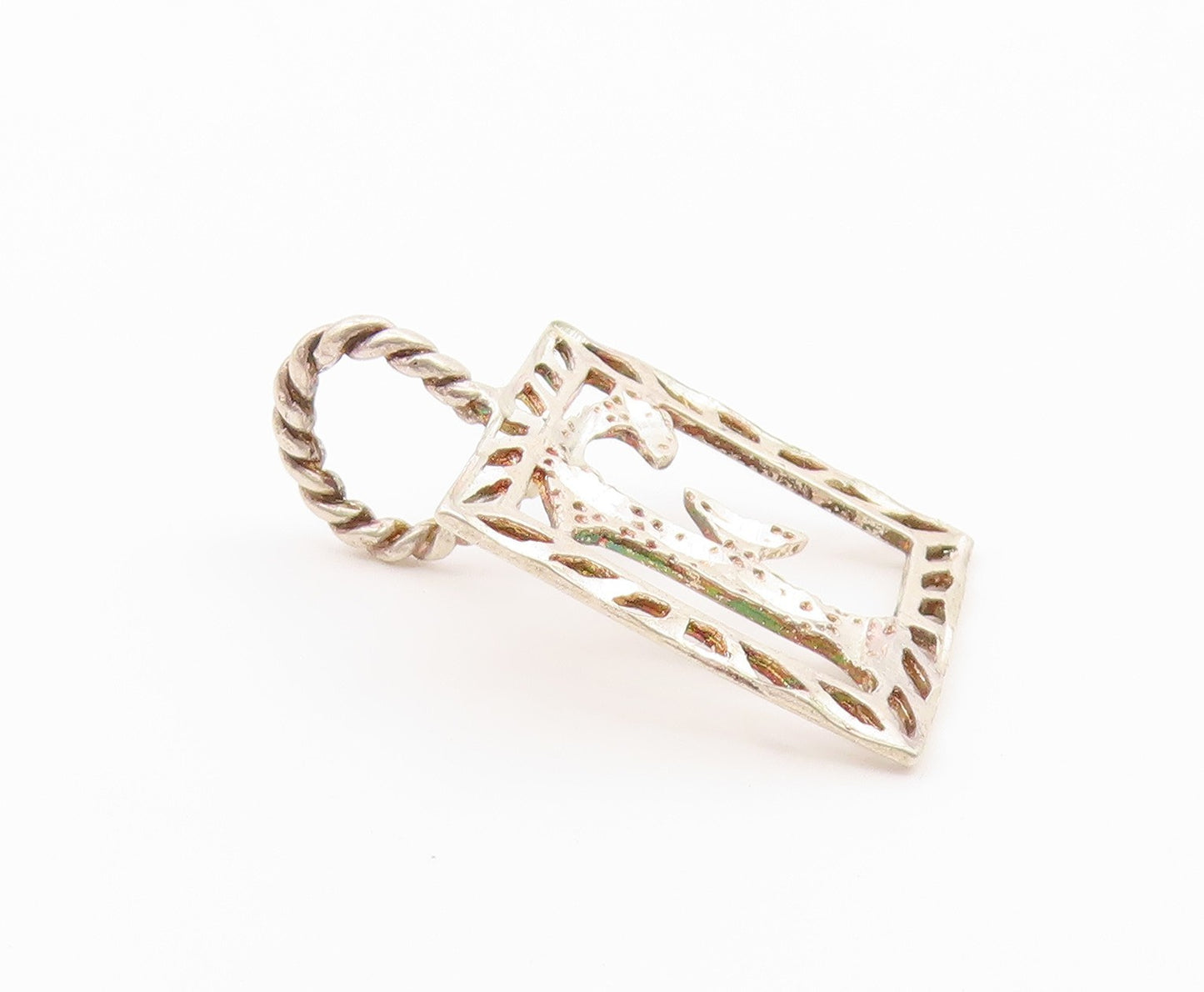 925 Sterling Silver  Vintage Diamond Cut Square F Initial Pendant  PT18328