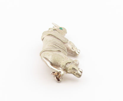 925 Sterling Silver Vintage Brooch Pin Emerald Eye Rhinoceros Figure  BP12638