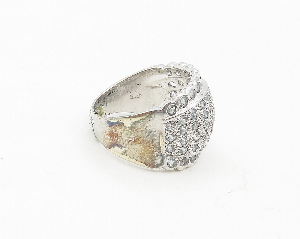 925 Sterling Silver  Aquamarine Encrusted Wavy Trim Band Ring Sz 7  RG17347