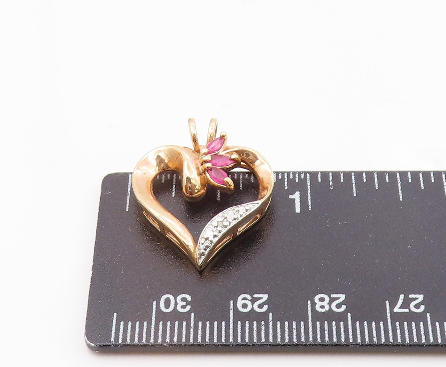 925 Silver  Vintage Genuine Diamond & Ruby Open Love Heart Pendant  PT15686