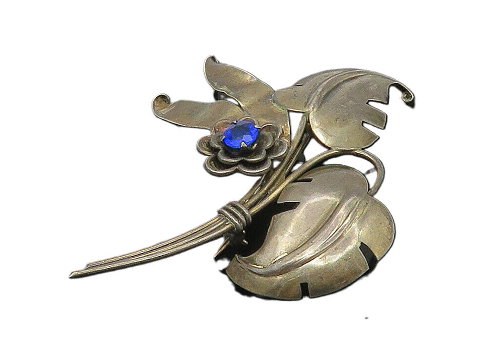 HARRY ISKIN 925 Sterling Silver  Vintage Blue Topaz Floral Brooch Pin  BP6605