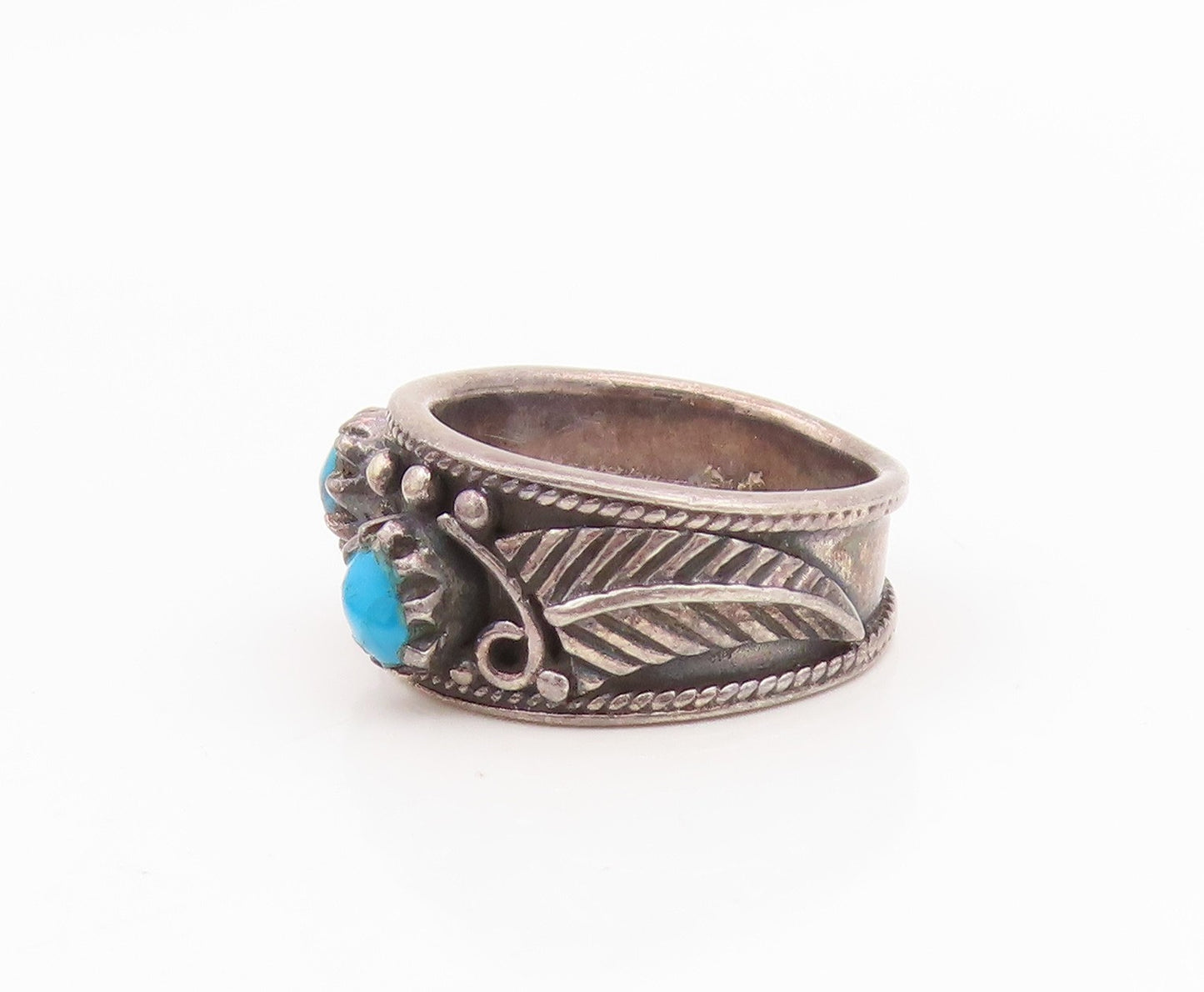 925 Sterling Silver Vintage Ring NAVAJO Turquoise leaf Motif Band  Sz 5  RG35331