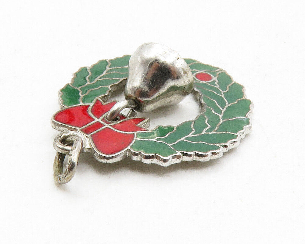925 Sterling Silver  Vintage Enamel Christmas Wreath & Bell Pendant  PT9939