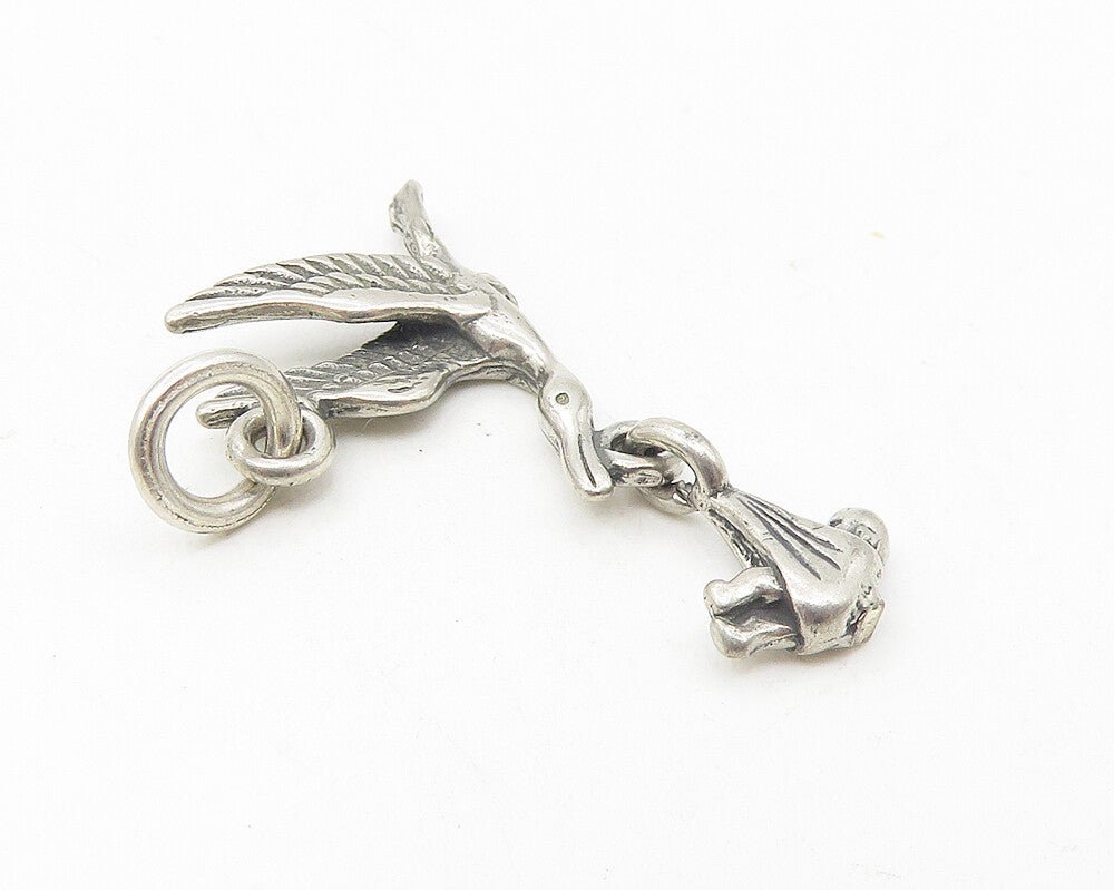 925 Sterling Silver  Vintage Petite Flying Stork With Baby Pendant  PT9372