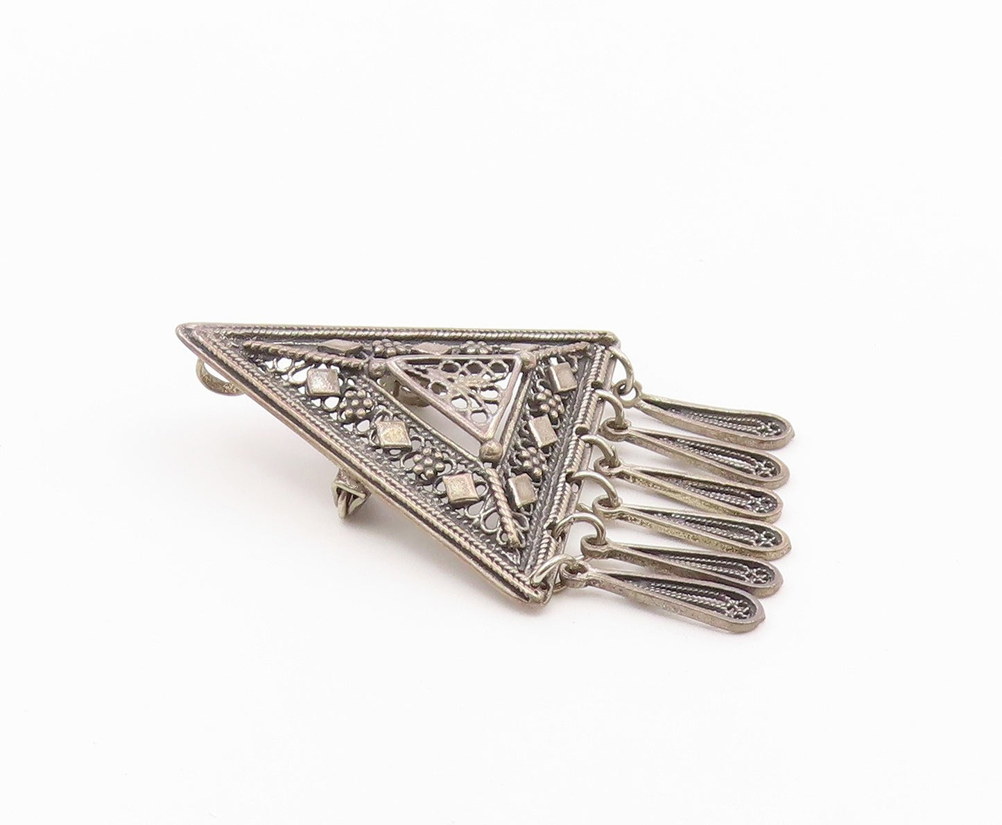 925 Sterling Silver  Vintage Oxidized Floral Detail Dangling Brooch Pin BP4245