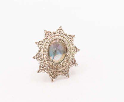 925 Sterling Silver Vintage Ring Swirly Carved Cabochon Labradorite Sz 8 RG28429