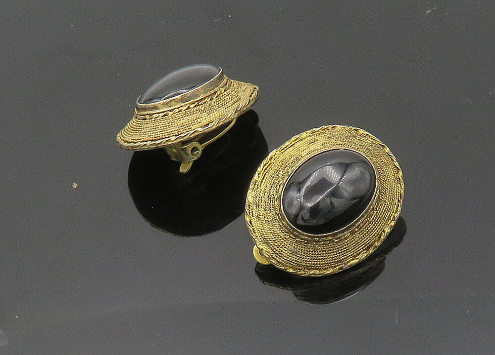 925 Sterling Silver  Vintage Cabochon Black Onyx Non Pierce Earrings  EG9922