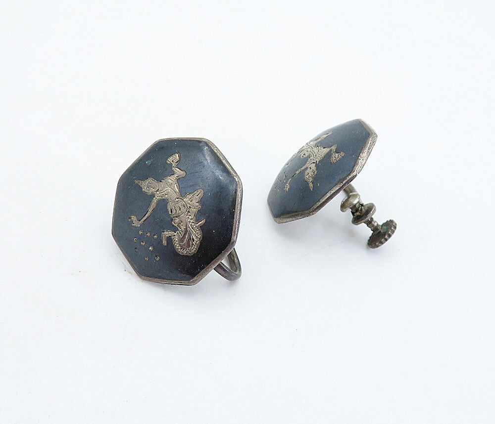 SIAM 925 Silver  Vintage Enamel Niello Dancer Non Pierce Earrings  EG2811