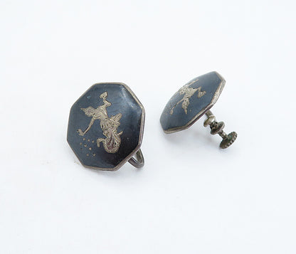 SIAM 925 Silver  Vintage Enamel Niello Dancer Non Pierce Earrings  EG2811