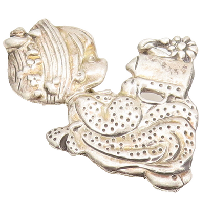 925 Sterling Silver Vintage Brooch Pin Carved Small Girl Watering Plant  BP10553