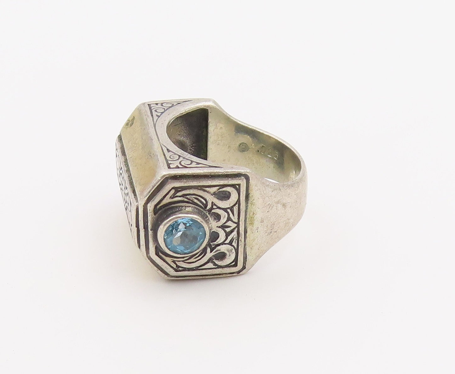 925 Sterling Silver Vintage Ring Blue Topaz Engraved Floral Band Sz 6.5  RG36504