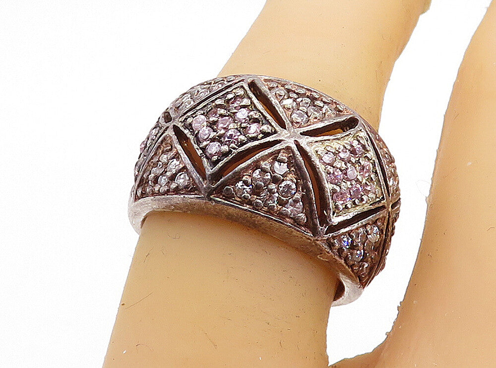 925 Sterling Silver  Vintage Pink & White Topaz Oxidized Band Ring Sz 7 RG5775